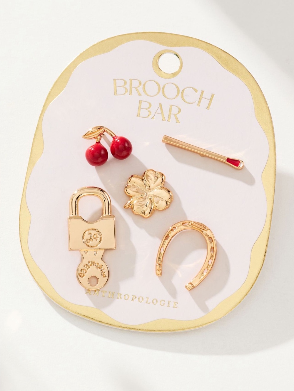 Anthropologie 14KT Gold Plated Mini Brooches New Set of 5 Cherry Match Horseshoe